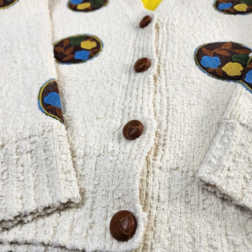 Tory Burch Sweater Womens XL Double Faced Floral Dot Cardigan Ivory/Lemon $598